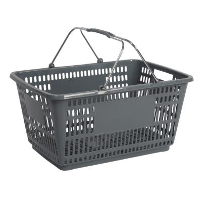 China Supermaerket Large Shopping Supermarket Plastic Tote Basket Metal Dark Gray Handle Retail Shopping Basket for sale