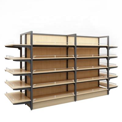 China Custom Multifunctional Wooden Metal Double Sided Supermarket Shelves Equipment Shelves Retail Display Racks For Grocery Shelf for sale