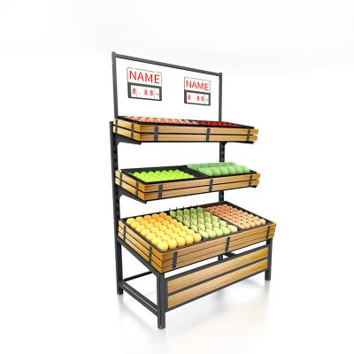 China Three-Layer Customizable Single-Sided Single-Sided Wooden Vegetable and Fruit Rack Supermarket Shopping Shelves with Metal Frame for sale