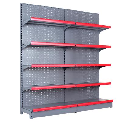 China Double Sided Hypermarket Shopping Gondola Shelves Customizable Gray Cast Iron Display Shelves For Retail Stores for sale