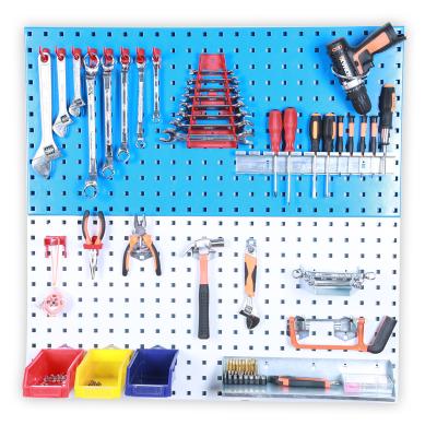 China Customizable Blue and White Metal Pegboard Wall Mount Kitchen Toy Hanger with Hooks Display Steel Pegboard SF-003 for sale