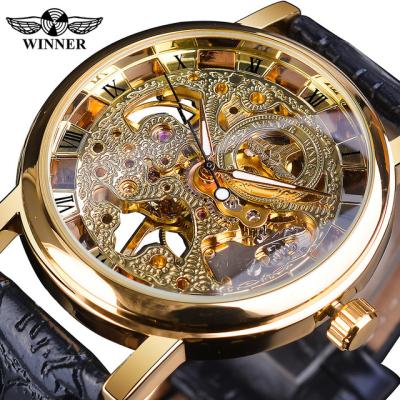 China WINNER 358-5 Water Resistant Brown Top Brand Transparent Gold Leather Strap Luxury Mechanical Skeleton Watches for sale