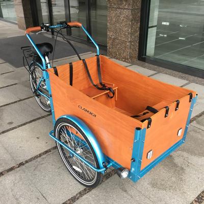 China Steel hydraulic disc brake 3 wheel electric cargo bike with front wooden box 4 kids seat/mechanical disc brake family cargo bike for sale