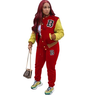 China Summer Breathable Casual Women's Two Piece Breasted Jacket Colorblock Baseball Jackets Women Tracksuit 2 Piece Set for sale