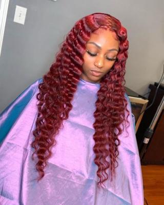 China Original Pure Natural Hair Pre Plucked Glueless HD 13x4 Swiss Curly 99j Lace Wig, 99j Burgundy Red Color Human Hair Wig, 99j Deep Wave Lace Front Wig for sale