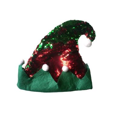 China Christmas decoration supplies 32cm red and green sequined elf hat white pom-pom for Christmas fabric decoration for sale