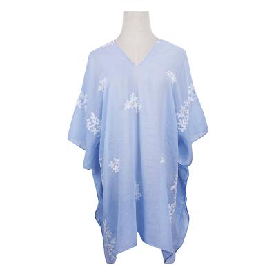 China Solid Breathable V-Neckline Embroidered Kimono Long Robe Cotton Ruana Women Blouse Spring Ladies Plain Cover Up Poncho Custom Made for sale