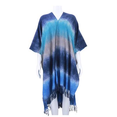 China Breathable Autumn Brushed Soft Ruana Tie Dye Printing Warm Kimono For Cold Weather Ladies Polyester Cashmere Feeling Poncho for sale