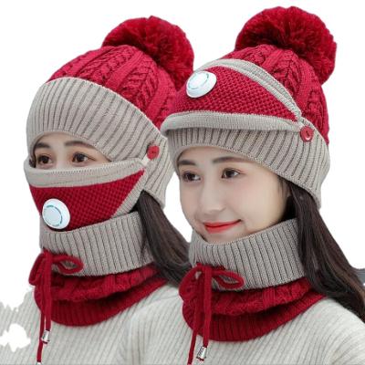 China Warm Windshield Winter Knit Hat Scarf Set Acrylic Fleece Beanie Hat Outdoor Riding 3-Piece Hat And Scarf Set for sale