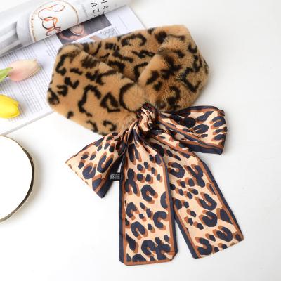 China New Design Ladies Faux Fur Scarf Winter Leopard Print Neck Scarf Soft Smooth Smooth Feeling Warm Silk Scarf With Silk Ribbon for sale