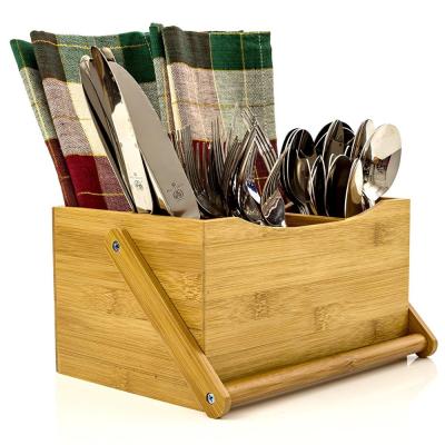 China Cultery of Modern Bamboo Flat and Bamboo Dinnerware and Towel Cart with Folding Handle, Bamboo Utensil Holder for sale