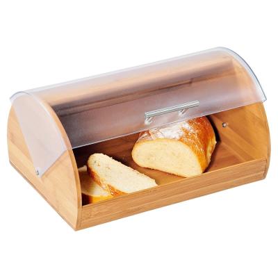 China Sustainable Bamboo Bread Box Container Rack Food Storage Bin With Plastic Rolltop Cover for sale