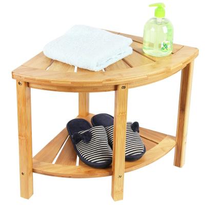 China Modern Bamboo Corner Bathroom Bench Stool Shower Caddy Seat Bench With Sturdy Waterproof Storage Shelf for sale