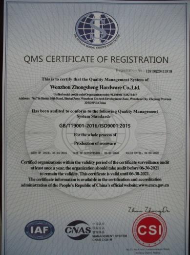 ISO9001 - Wenzhou Zhongsheng Hardware Co., Ltd.