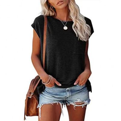 China New Arrival Fashion Design Solid Color Breathable O-Neck Shirts Short Sleeve T Shirts Women Tops With Pocket for sale