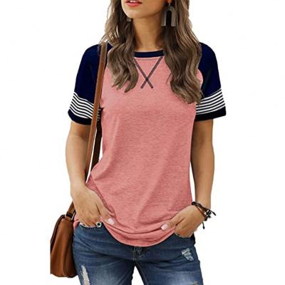 China New Arrival Fashion Patchwork Design O-Neck Breathable Band Sleeve Shirts Blouses Short Sleeve T-Shirts Women Tops for sale