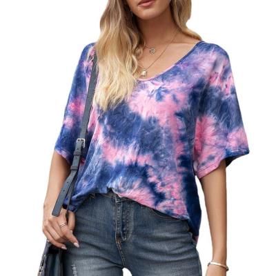 China New Arrival Hot Sale Ladies Summer Breathable Blouses Loose V Neck Short Sleeve Tie Dye Shirts for sale