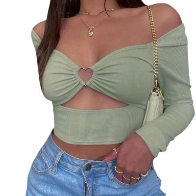 China Hot Selling Amazon Crop Anti-Wrinkle Full Heart Metal Ring Halter Top Piercing Long Sleeve Off Shoulder Top Women for sale