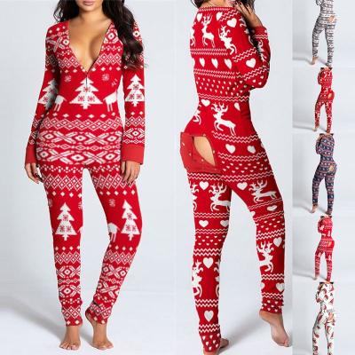 China New Arrivals QUICK DRY Sheath Long Christmas Onesie Pajamas V-Neck Adult Women Romper for sale