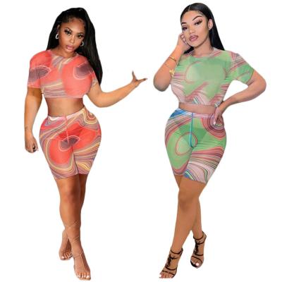 China Wholesale Printed QUICK DRY mesh summer tie-dye ladies crop two-piece suit of top shirt and short-sleeved set the new for sale