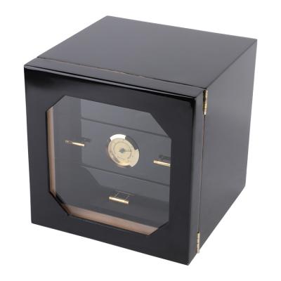 China Luxury Fancy modern luxury 3 black wooden lined trays  desktop cabinet cigar humidor box Wholesale Customized for sale