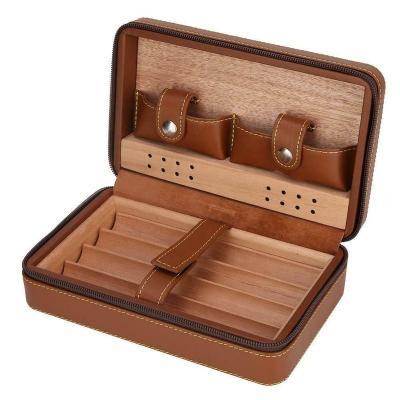 China Cigar Storage Box Brown Leather Cedar Wood Cigar Case Travel Carry 4 Counts for sale