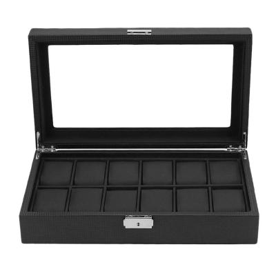 China Recycable Materials 12 Slot Watch Box Carbon Fiber PU Leather Pillow Display Watch Case for sale