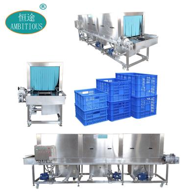 China Industrial vegetable processing plant transfer crates box pressure seal continuous tunnel machine for washing plastic basket crates pallet trays price for sale