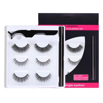 China Long Natural 3D Mink Eyeliner False Eyelashes Imitation Eyelash Tweezer Suit 3pairs Set Self Adhesive Eyeliner Set for sale