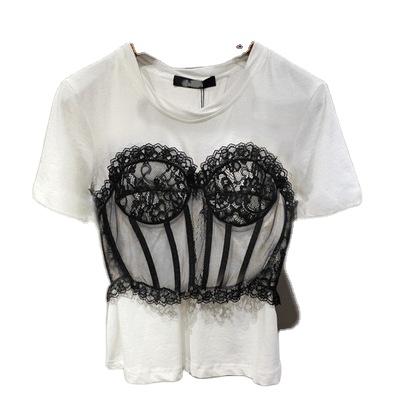 China TWOTWINSTYLE tank shirt women's breathable lace patchwork T-shirt o neck loose casual large size female for sale