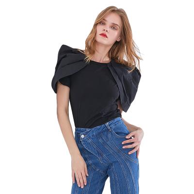 China TWOTWINSTYLE Breathable Stylish Patchwork Ruched Neck Slim Puff O Sleeve Short T-Shirts for sale