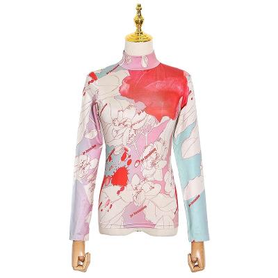 China TWOTWINSTYLE Breathable Print Hit Color T-shirt Women Turtle Neck Thin Casual Long Sleeve Fashion for sale