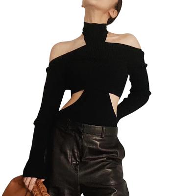 China TWOTWINSTYLE Breathable Cut Out Turtle Neck Slim Solid Backless Halter Long Sleeve Gathered Waist Sweater for sale