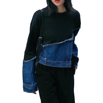 China TWOTWINSTYLE Patchwork Denim Colorblock Asymmetric Loose Casual Women's Breathable Sweatshirt for sale