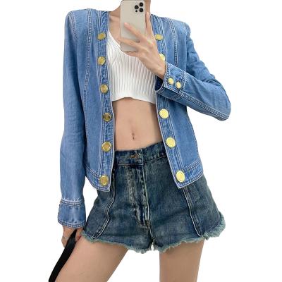 China TWOTWINSTYLE Viable V-Neck Long Sleeve Patchwork Metal Button Gathered Female Size Jackets for sale