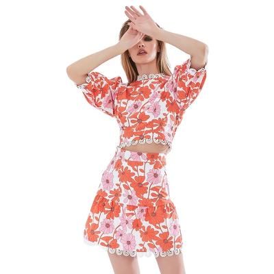 China TWOTWINSTYLE Breathable Puff Sleeve Tops Floral Print Lace Skirts High Waist Two Piece Set For Women for sale