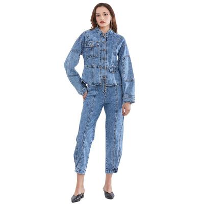 China TWOTWINSTYLE Breathable Denim O Neck Long Sleeve Coat High Waist Loose Pants Women Two Piece Set for sale