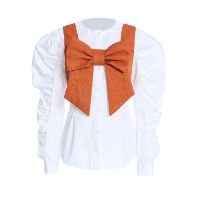 China TWOTWINSTYLE Breathable Shirt For Women O Neck Puff Sleeve Long With Bowknot Vest Casual Patchwork for sale