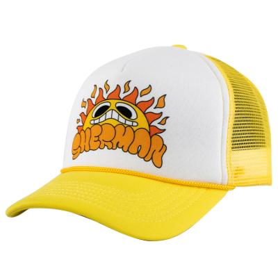 China JOINT Yellow Crown Mesh High Hats Print Foam Custom Trucker Hat With Rope for sale