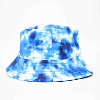 China Custom Blue Tie Dye Printed Character Polyester Bucket Hats Fisherman Hat for sale