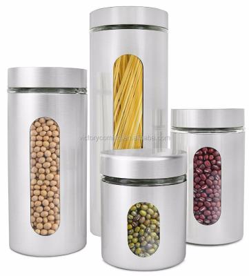 China Sustainable 4 Piece Brushed Stainless Steel And Glass Canisters With Window, Silver for sale