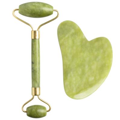 China Face Lift 100% Jade Beauty Natural Facial Gua Sha Kit Cool Skin Roller Massager Jade Roller and Guasha for Face Set for sale