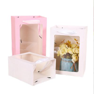 China Large Recycled Materials Size Fashion Window Clear With Clear PVC Window Gift Flower Paper Bag Window Carrier Bag for sale