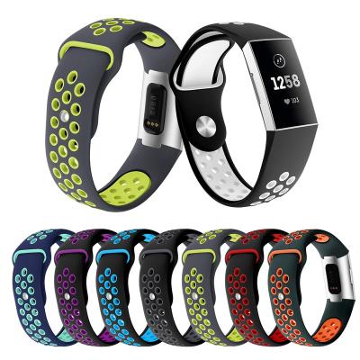 China Sports Watches Wristband Bands Silicone Wrist Strap For Fitbit Charge 3 Fitness Activity Tracker Sport Smartwatch Dual Color Porous Breathable Watch Band for sale