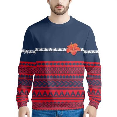 China QUICK DRY Polynesian Red Print Mens Long Sleeve O Neck Pullover Hibiscus Sleeve Navy Blue Sweatshirt With Red And White Pattern for sale