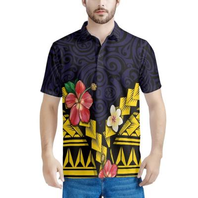 China Wholesale Men's Custom Logo Polo Shirt With Polynesia Hibiscus Flower Print QUICK DRY plus size mens tops button up navy polo T-shirt for sale