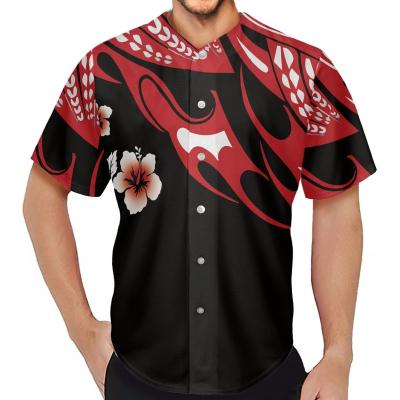 China Wholesale Low Price Mens Breathable Baseball Shirts Polynesian Pattern Red Hibiscus Flower Printed Mens Black Button Up Baseball Tank Tops for sale