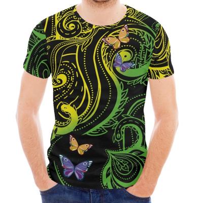 China QUICK DRY Mens T-Shirts Casual Support Custom Design Mens Crew Neck Short Sleeve Tops With Butterfly And Green Polynesian Totem Graphic Print for sale