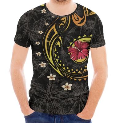 China QUICK DRY Men's Crewneck T-shirt with Polynesian Tribal Pattern Print Sleeve and Frangipani Short Beach Men's Breathable Casual Tops MOQ=1 for sale