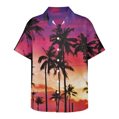 China 2023 Best Selling Fuchsia Mens Breathable Button Lapel Shirts Short Sleeve Hawaiian Palm Printed Shirts Fast Arrival Mens Hawaiian Shirts for sale